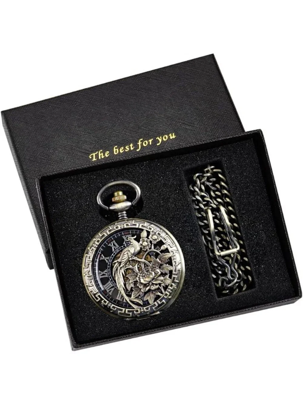 Men's Gold Bronze Bird Skeleton Roman Numerals Hollow Mechanical Pocket Watch